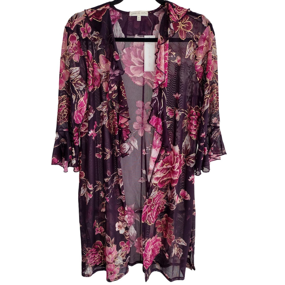 joie de vivre | Plum Purple Pink Gold Floral Ruffle Accent Mesh Duster Kimono